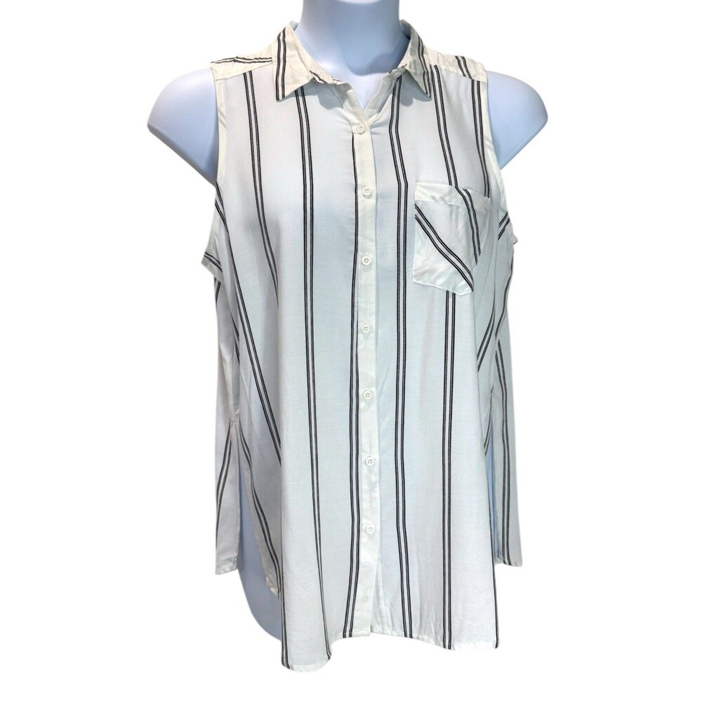 Paper Crane Women’s L Sleeveless Button Up Side Slit Blouse Top White Collared